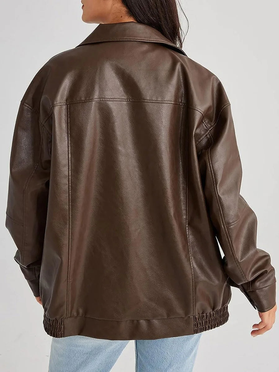 Women's Oversized Leather Bomber Jacket with Zipper Front