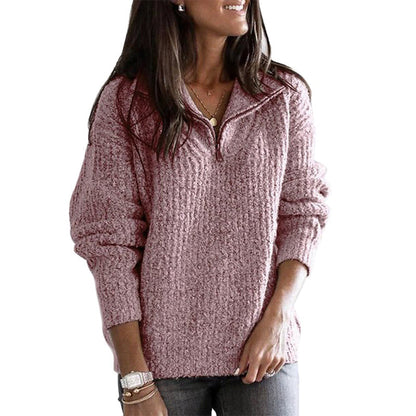 Women's Half Zip Jumper with Textured Knit Stand Collar Relaxed Fit