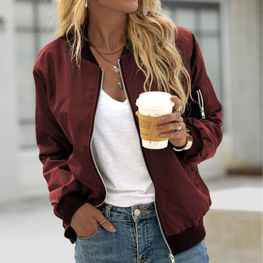 Women's Zip-Up Bomber Jacket with Utility Sleeve Pocket Detail