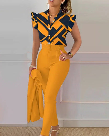 Women's Two-Piece Set with Puffed Sleeve Blouse and Wide-Leg Pants
