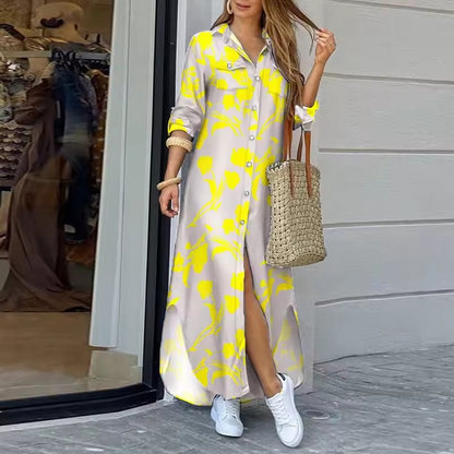 Women's Long Denim Print Shirt Maxi Dress with Button Front and Pockets