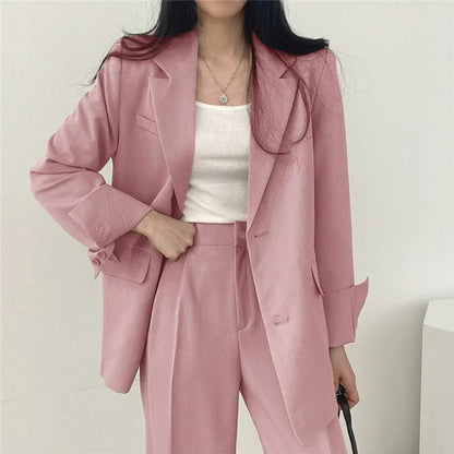 Women’s Tailored Two Piece Suit Set with Long Blazer and Straight-Leg Trousers