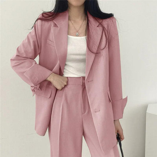 Women’s Tailored Two Piece Suit Set with Long Blazer and Straight-Leg Trousers
