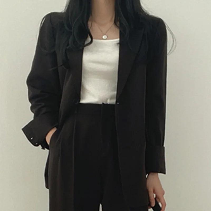 Women’s Tailored Two Piece Suit Set with Long Blazer and Straight-Leg Trousers