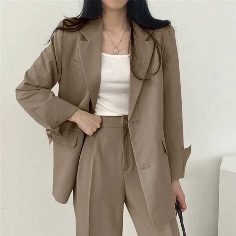 Women’s Tailored Two Piece Suit Set with Long Blazer and Straight-Leg Trousers