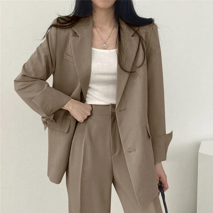 Women’s Tailored Two Piece Suit Set with Long Blazer and Straight-Leg Trousers