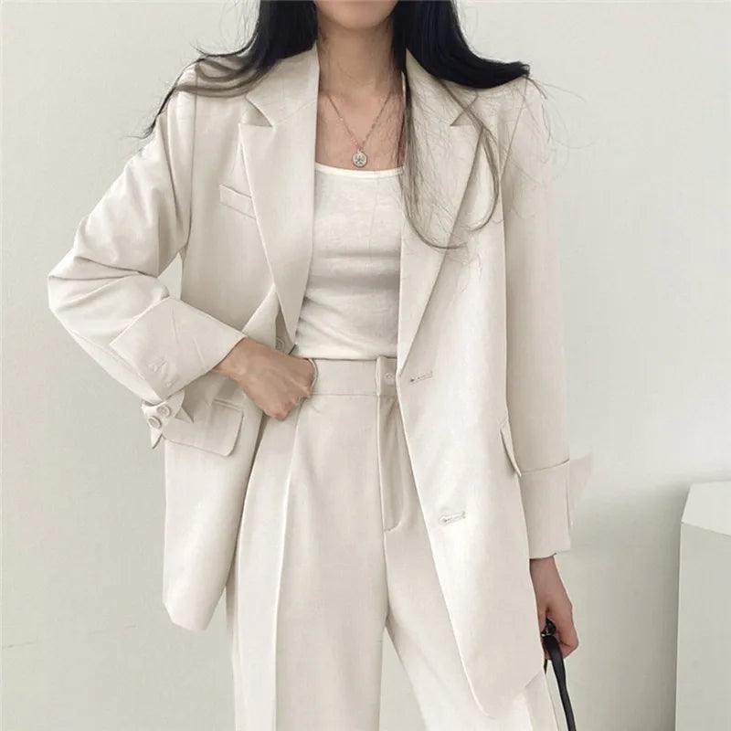 Women’s Tailored Two Piece Suit Set with Long Blazer and Straight-Leg Trousers