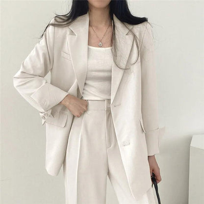 Women’s Tailored Two Piece Suit Set with Long Blazer and Straight-Leg Trousers