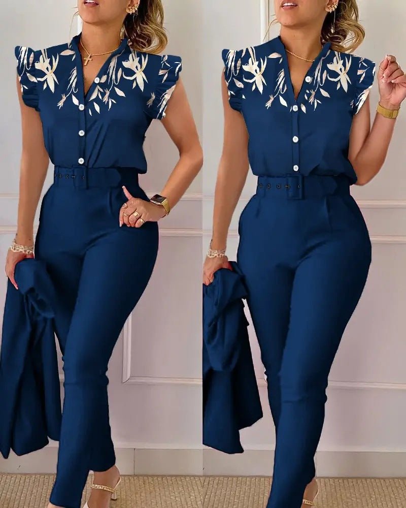 Women's Two-Piece Set with Puffed Sleeve Blouse and Wide-Leg Pants