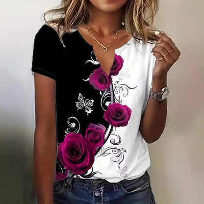 Women's Floral Short-Sleeve Button Top with Loose Casual Fit