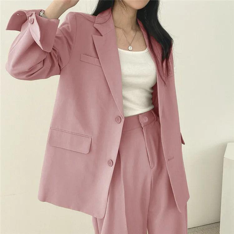 Women’s Tailored Two Piece Suit Set with Long Blazer and Straight-Leg Trousers
