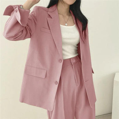 Women’s Tailored Two Piece Suit Set with Long Blazer and Straight-Leg Trousers