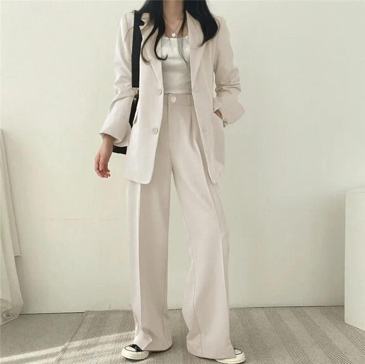 Women’s Tailored Two Piece Suit Set with Long Blazer and Straight-Leg Trousers