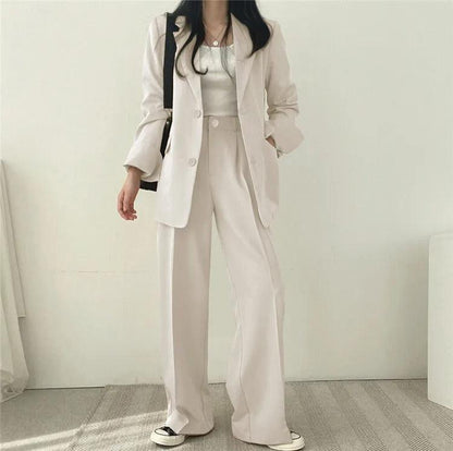 Women’s Tailored Two Piece Suit Set with Long Blazer and Straight-Leg Trousers