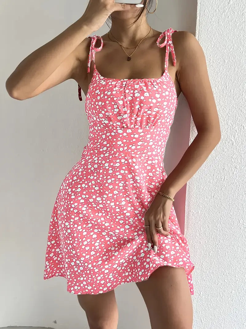 Women's Mini Dress with Floral Print and Tie Straps