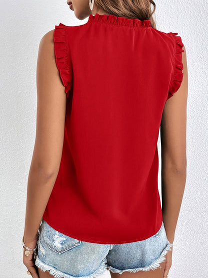 Women's Sleeveless Blouse with Ruffle Trim and Tie Neck