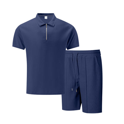 Men’s Solid Color Polo Collar T-Shirt & Shorts Set – Casual Leisure Outfit