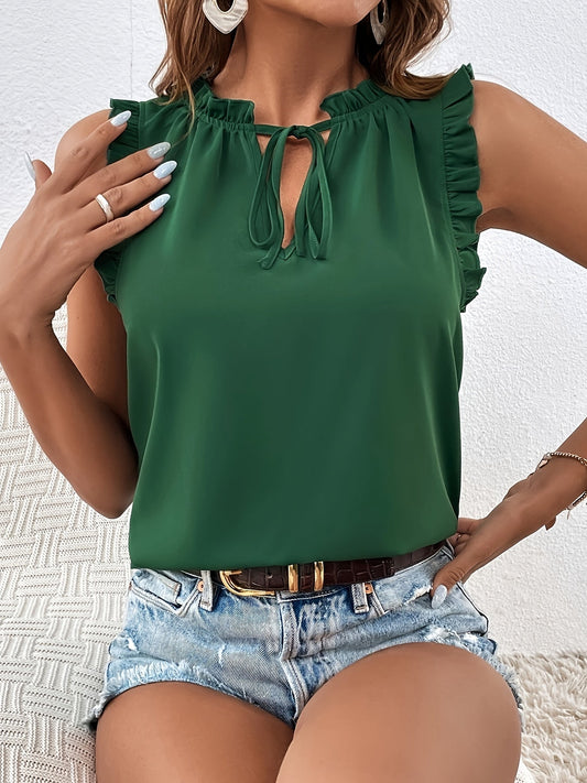 Women's Sleeveless Blouse with Ruffle Trim and Tie Neck