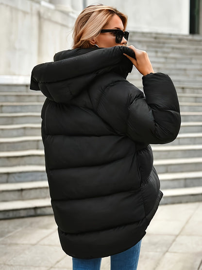Women's Short Hooded Puffer Jacket with High Collar and Quilted Design