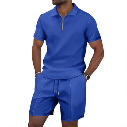 Men’s Solid Color Polo Collar T-Shirt & Shorts Set – Casual Leisure Outfit