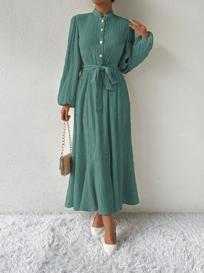 Women's Long-Sleeve Buttoned Maxi Dress with Waist Tie