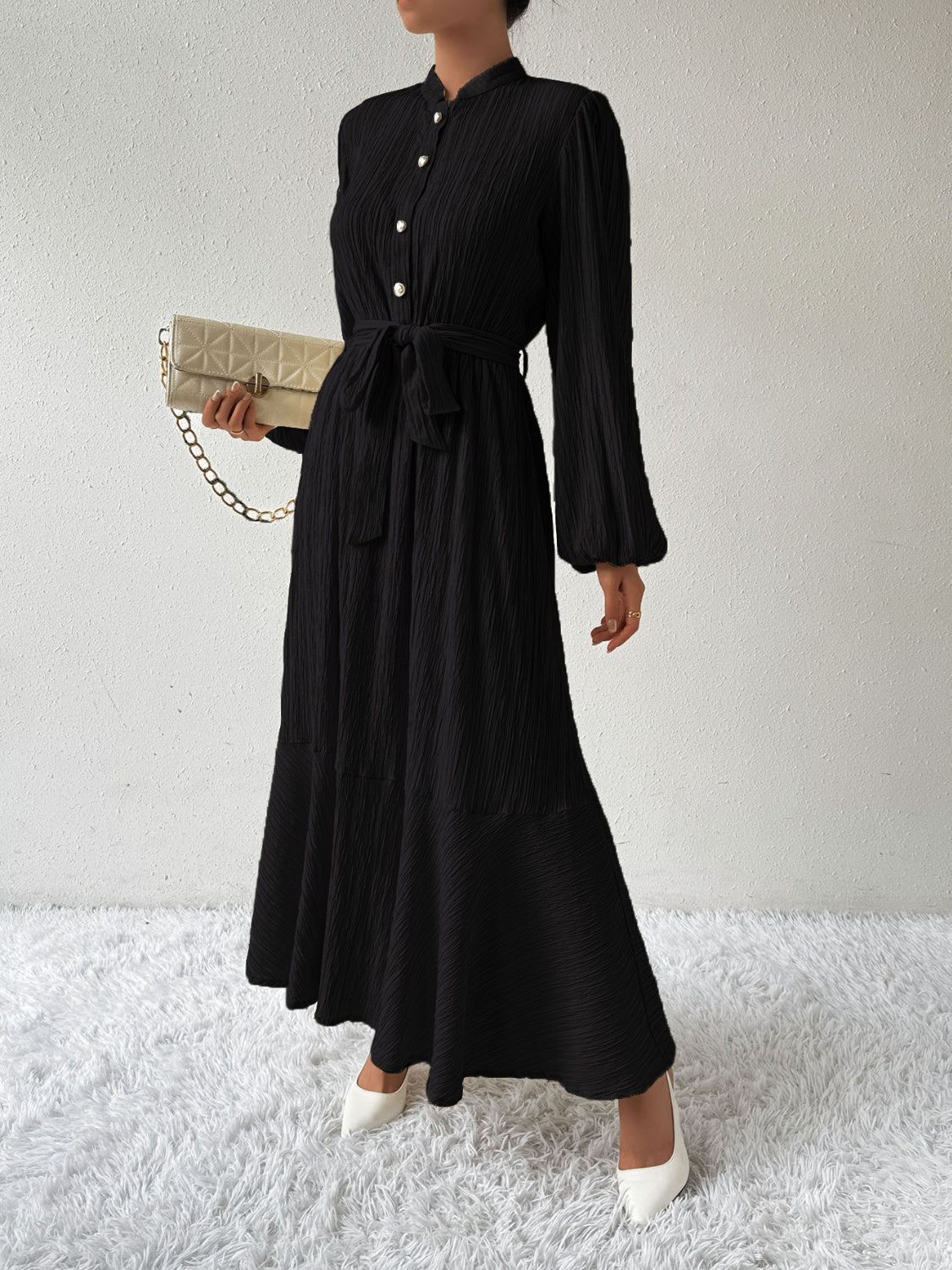 Women's Long-Sleeve Buttoned Maxi Dress with Waist Tie