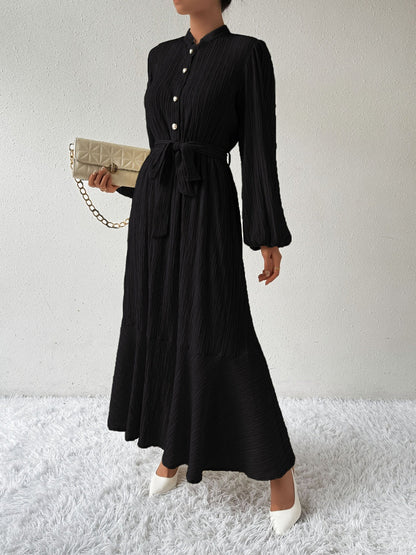 Women's Long-Sleeve Buttoned Maxi Dress with Waist Tie