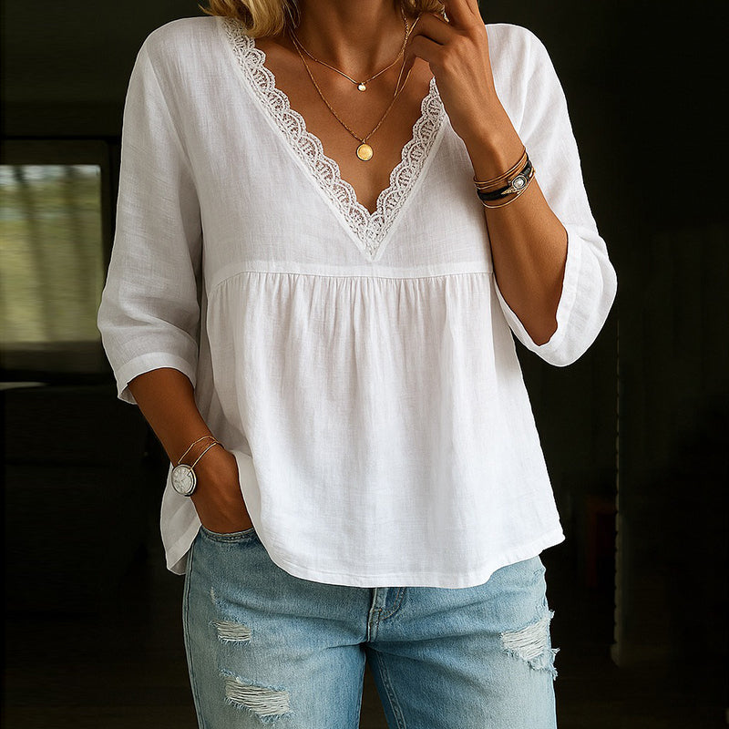 Women's 3/4 Sleeve V-Neck Blouse with Lace Trim and Flowy Fit