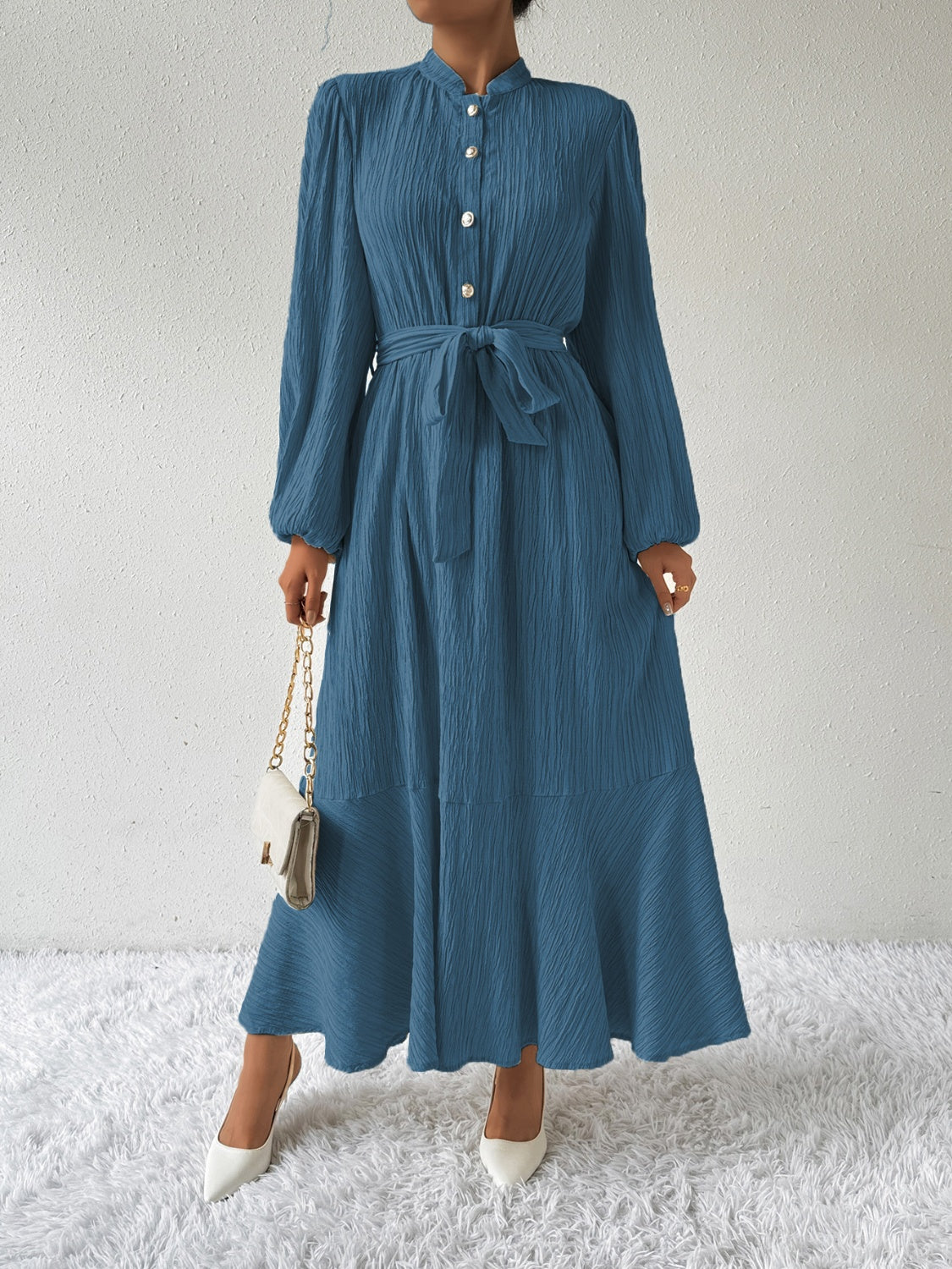 Women's Long-Sleeve Buttoned Maxi Dress with Waist Tie