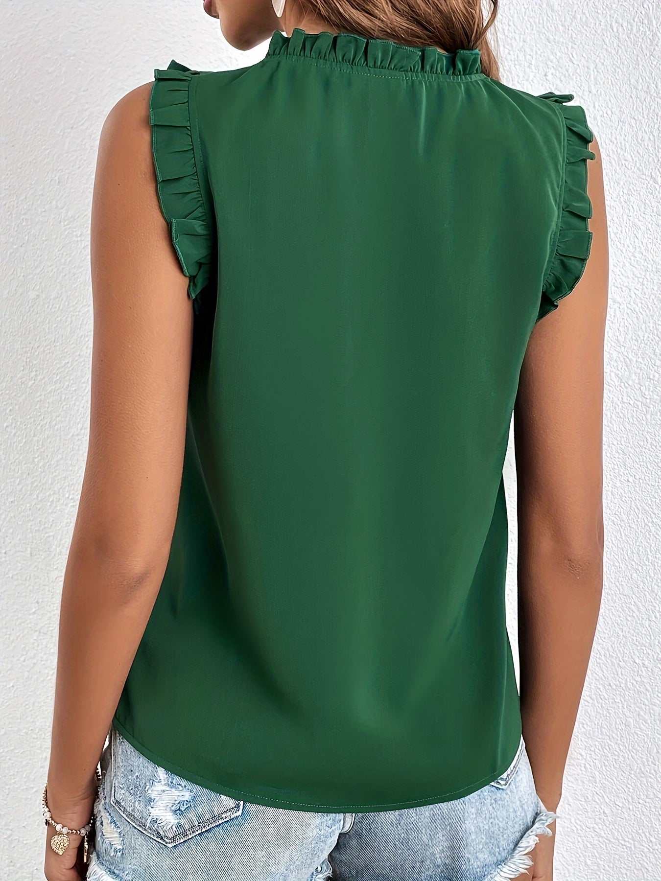 Women's Sleeveless Blouse with Ruffle Trim and Tie Neck