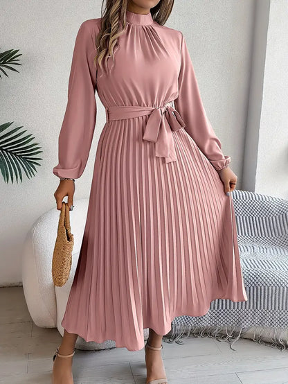Women's Chic Pleated Midi Dress with Belted Waist
