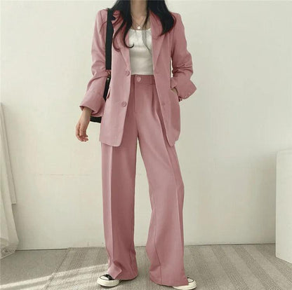 Women’s Tailored Two Piece Suit Set with Long Blazer and Straight-Leg Trousers