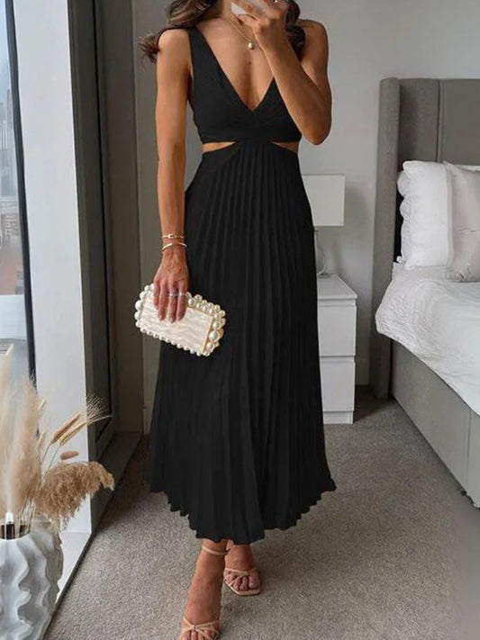 Elegant V-Neck Pleated Skirt Dress for Women