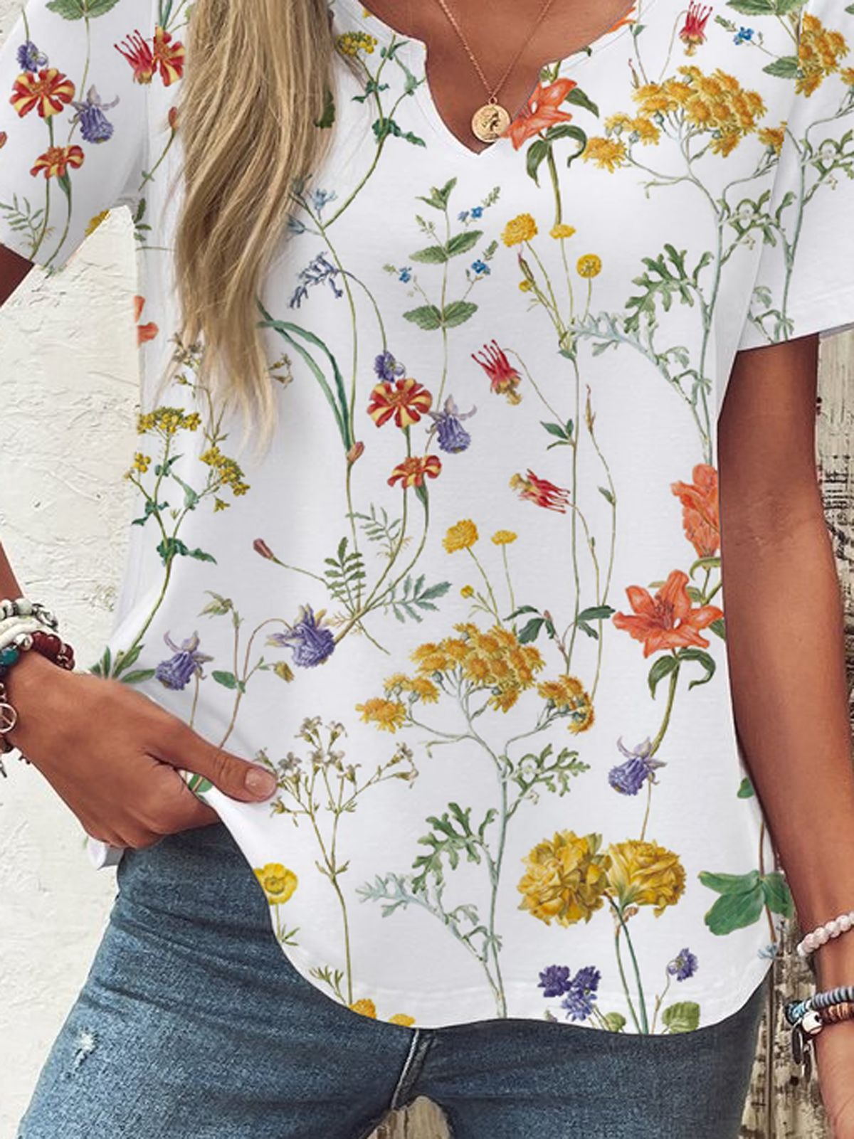 Women's Floral Short-Sleeve Button Top with Loose Casual Fit
