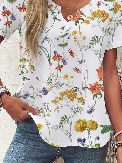 Women's Floral Short-Sleeve Button Top with Loose Casual Fit