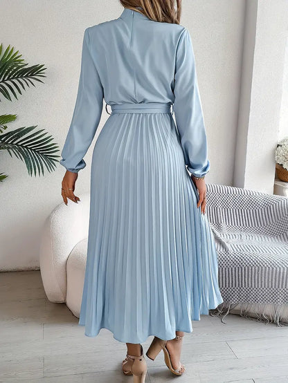 Women's Chic Pleated Midi Dress with Belted Waist
