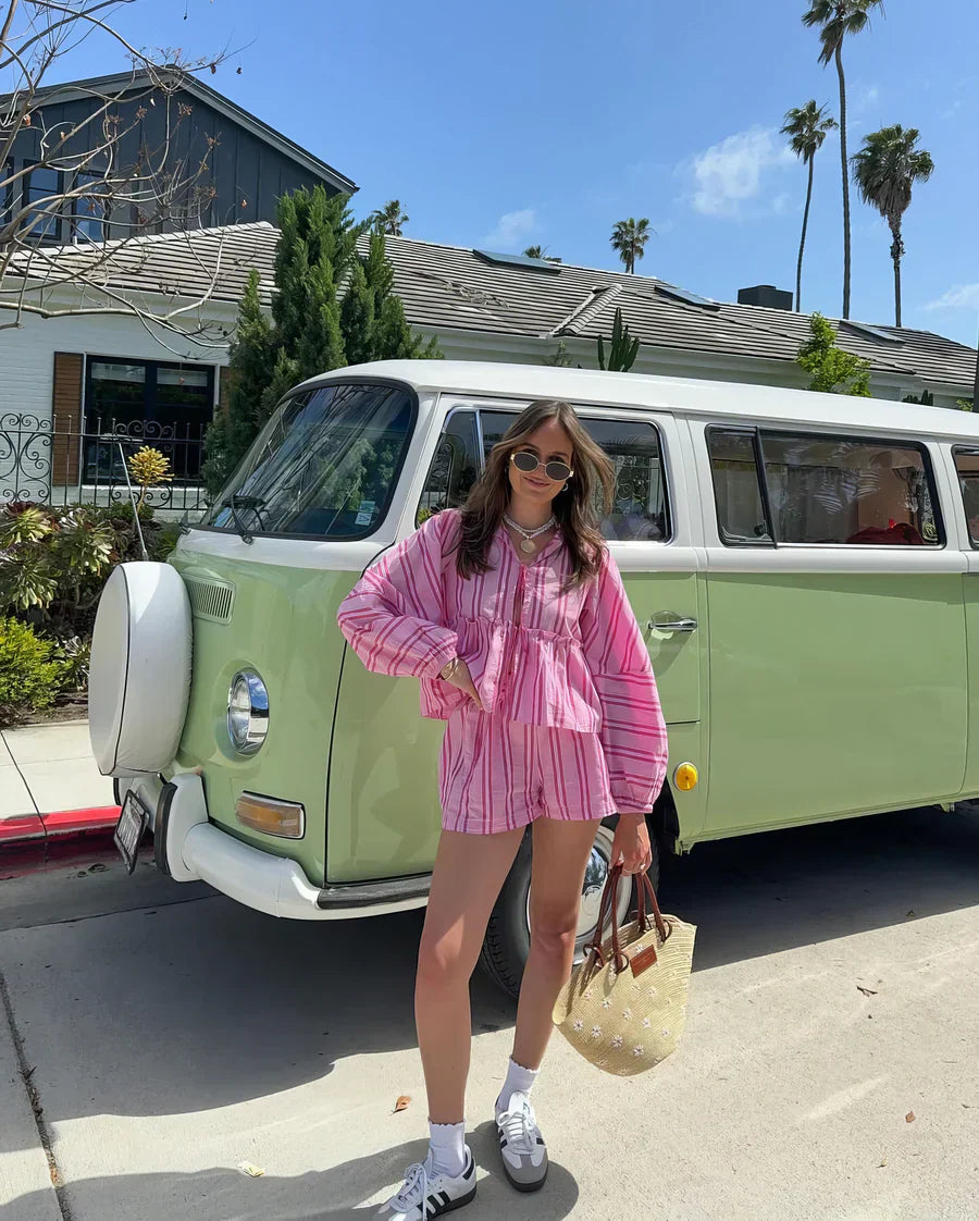 Women's Striped Two-Piece Set with Long-Sleeve Top and Shorts