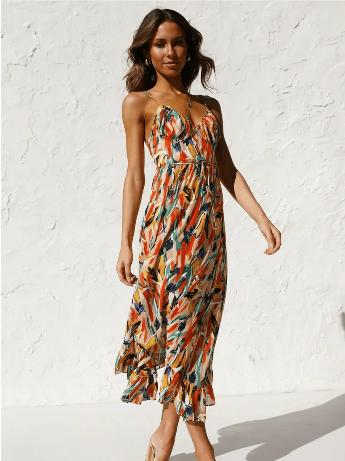 Women’s Floral V-Neck Midi Dress with Ruffled Hem