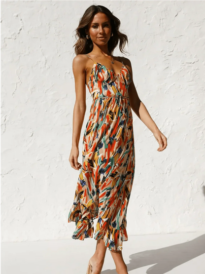 Women’s Floral V-Neck Midi Dress with Ruffled Hem