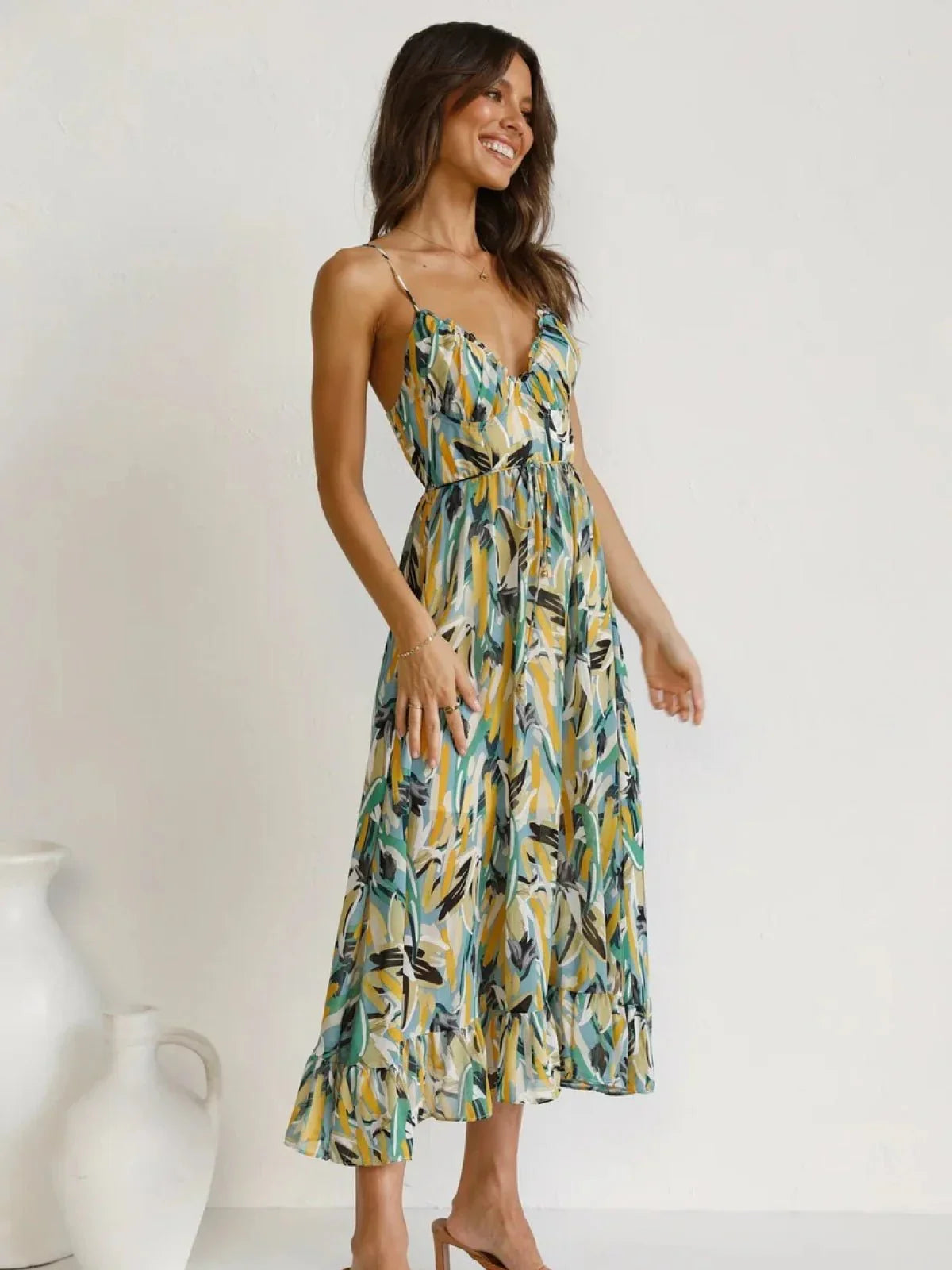 Women’s Floral V-Neck Midi Dress with Ruffled Hem