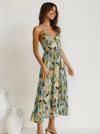 Women’s Floral V-Neck Midi Dress with Ruffled Hem