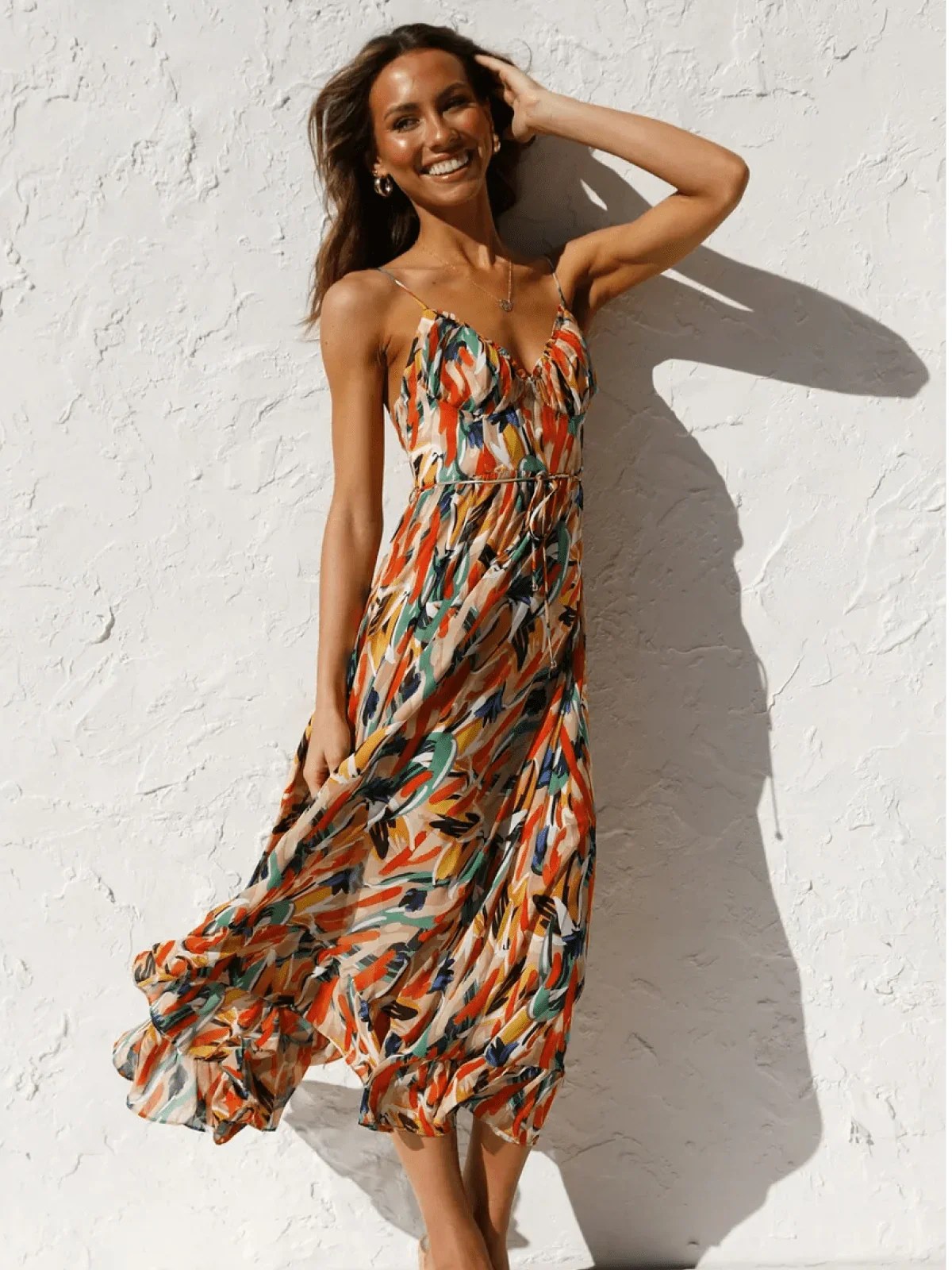 Women’s Floral V-Neck Midi Dress with Ruffled Hem