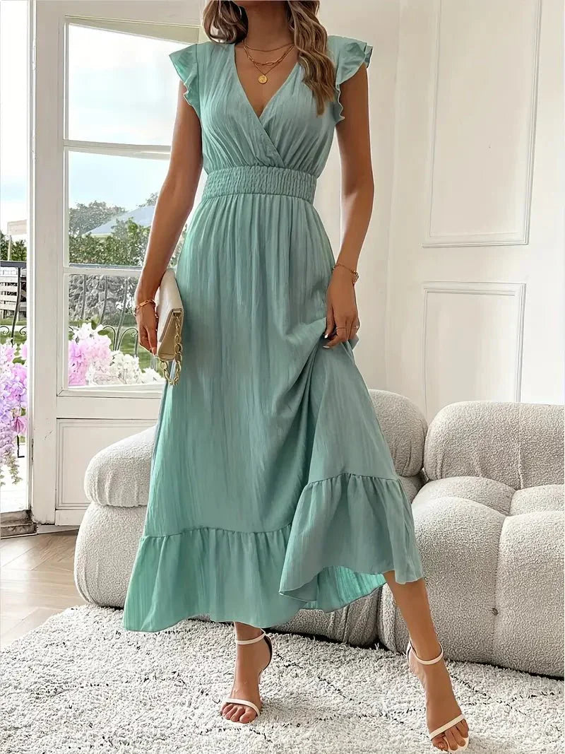 Women's Ruffle Sleeve Maxi Dress with V-Neck and Smocked Waist