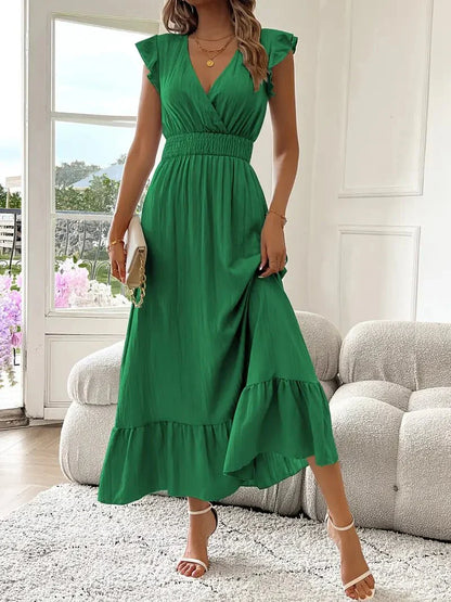 Women's Ruffle Sleeve Maxi Dress with V-Neck and Smocked Waist