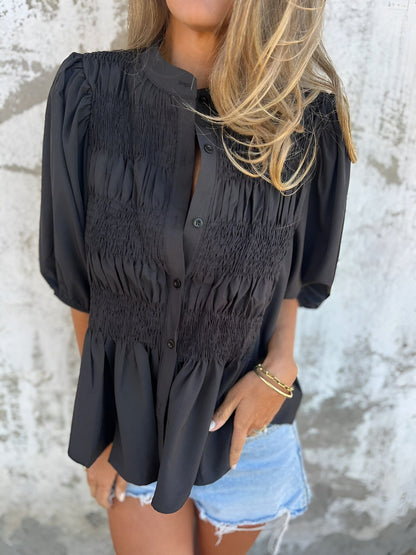 Women's Button-Up Blouse with Smocked Bodice and Puff Sleeves