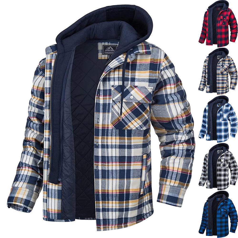 Men's Plaid Hooded Bomber Jacket with Quilted Lining