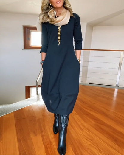 Women’s Elegant Midi Dress – 3/4 Sleeve Minimalist Workwear Style