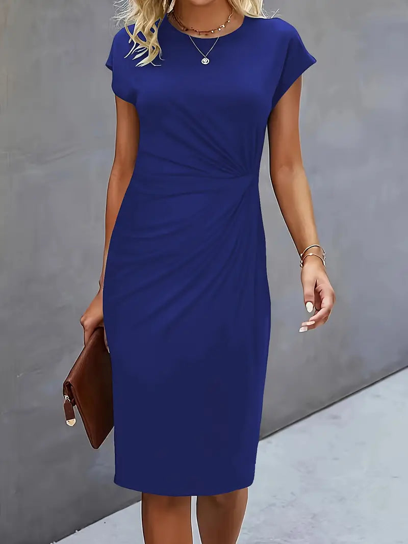 Women's Knee-Length Sheath Dress with Ruched Waist and Cap Sleeves