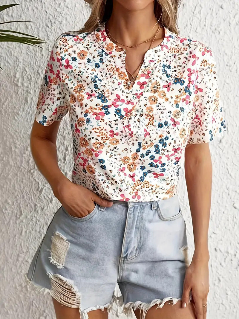 Women's Floral Short-Sleeve Button Top with Loose Casual Fit