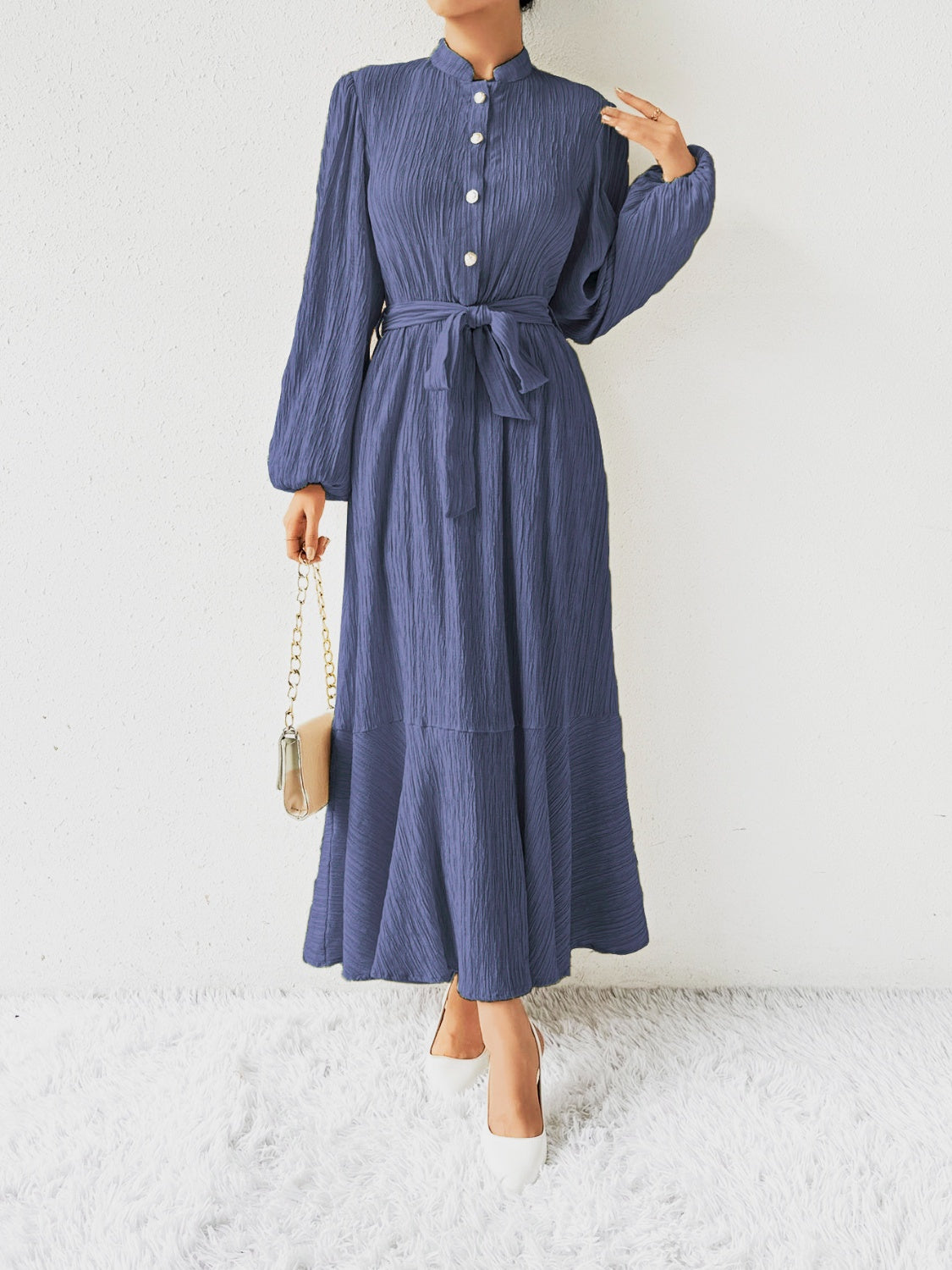 Women's Long-Sleeve Buttoned Maxi Dress with Waist Tie